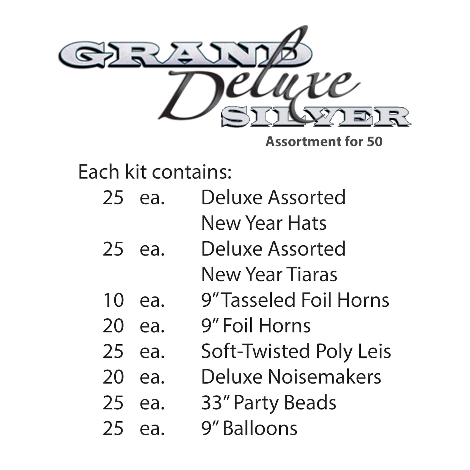 Beistle Silver, White & Black New Year Grand Deluxe Party Favor Kit for 50